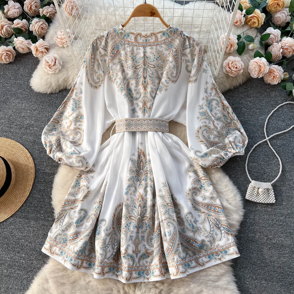 Spring French Retro Printed Dress Women Single Breast Sexy V-neck Lantern Sleeve Midi Dresses Elegant Party Dress with belt