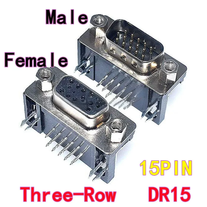 10pcs Three-Row DR15 Male/Female Header 90-Degree PCB Mount Angled Pin VGA Socket 3-Row 15P Socket/Pin Serial Connector