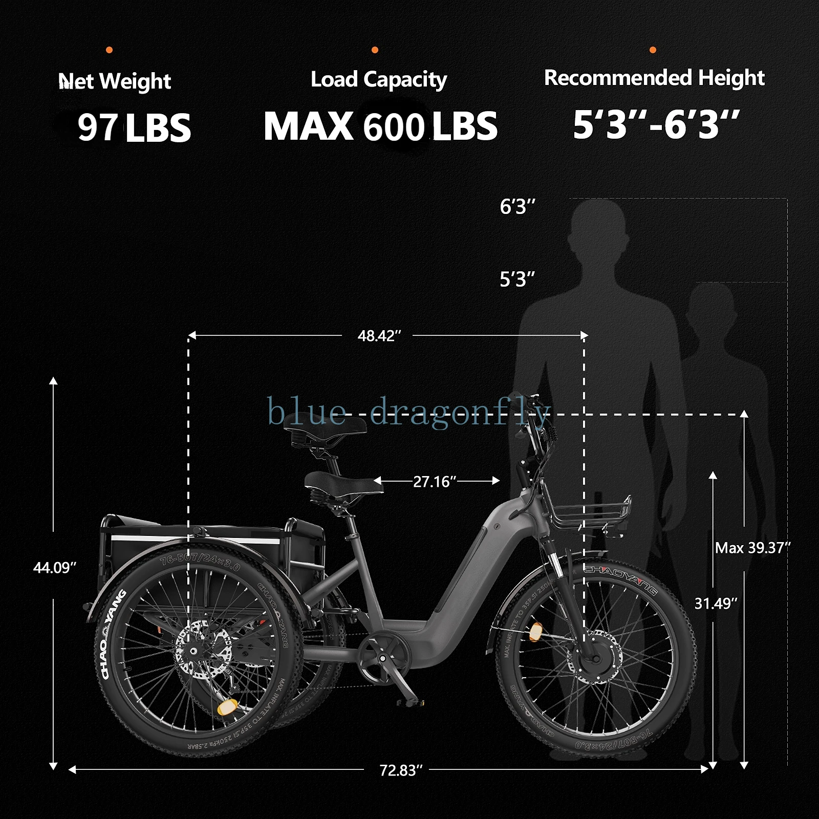 Big Loads fat 24inch Cargo EBike Motorized Tricycles Electric Bike Electric Trike USA warehouse with Pets Kids luggage carrier