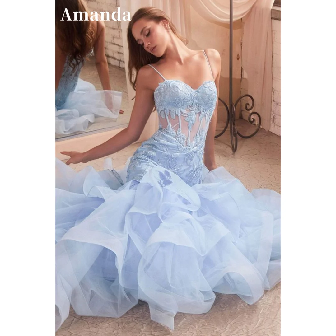 Amanda Mermaid Tulle vestidos de noche Heart Shaped Neck Illusion Prom Dresses Elegant Sleevesless Floor-Length Valentines Day