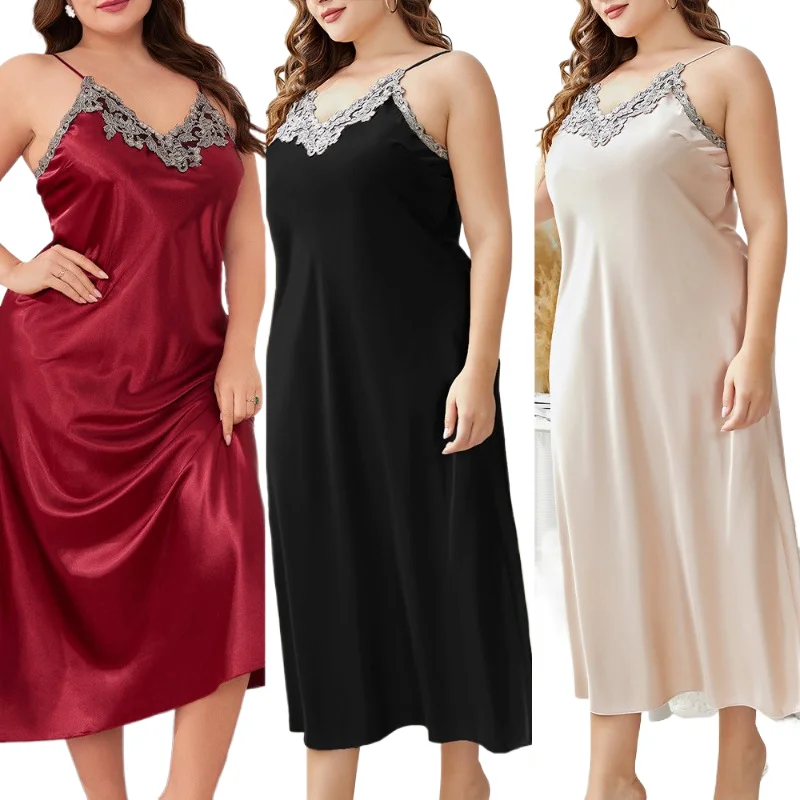

Fashion Solid Color Plus Size Sleepwear Women Sexy Silk Suspender Nightgown Leisure Home Clothes Spring Summer Pajamas