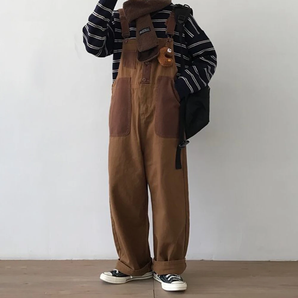 

Mens Japanese Workwear Style Casual Jumpsuit 2024 New Genderless Fashion Trend Loose Color Blocking Versatile Overalls Unisex