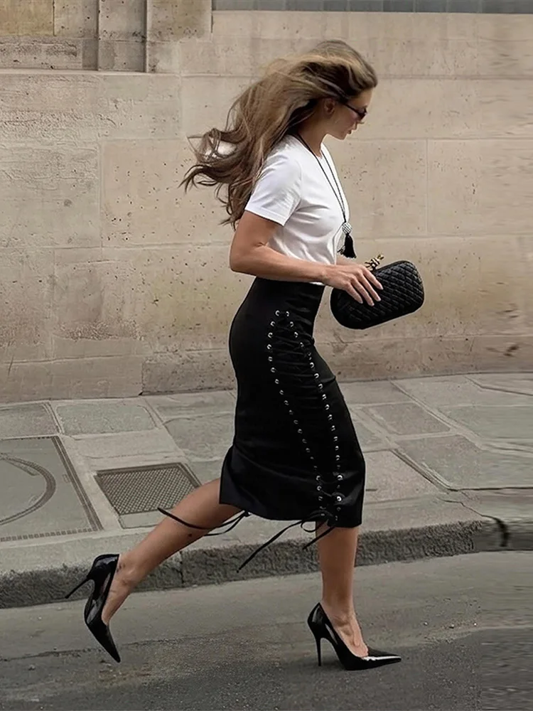 High Waist Women Midi Skirt Side Crisscross Lace‑Up Tie Bodycon Pencil Skirt Elegant Party Date Night Club Ladies Bottoms