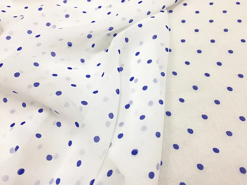 1 meter 100% Mulberry Silk 10 momme Thin Georgette Silk Fabric White With Blue Dots Printed 138cm 54