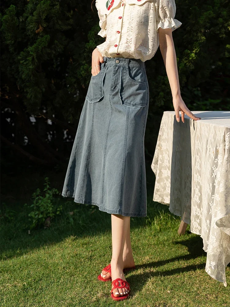 MISHOW Summer Women\'s Denim Skirt Korean Vintage Design Office Lady Mermaid Midi Skirt 100% Cotton Woman Clothes MXB25B0340