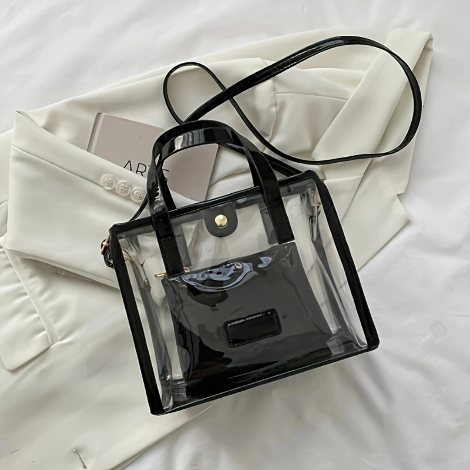 

Trendy Transparent PVC Tote Bag Set with Jelly Beach Bag, Inner Pouch, and Shoulder Handbag Thank you bags Draw string bags Cart