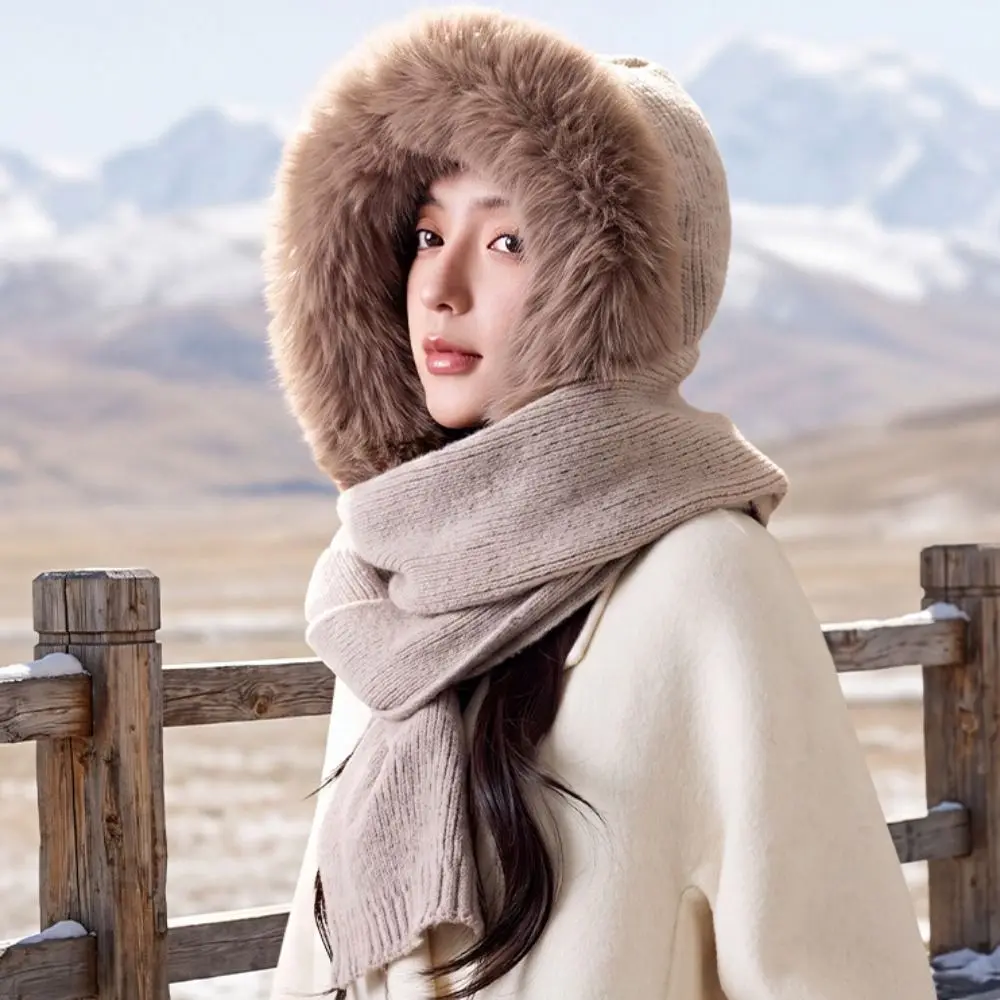 Niedliche Wollmischung Strickmütze Balaclava Mütze mit Kapuze und Schal Warme Einfarbige Mütze und Schal 2-in-1 Winter/Herbst – Detail 6