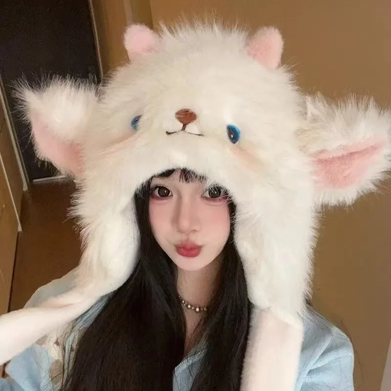 

Winter Hat Cute Little Lamb with Moving Ears Plush Hat Thick and Plush Cold Resistant and Warm Scarf
