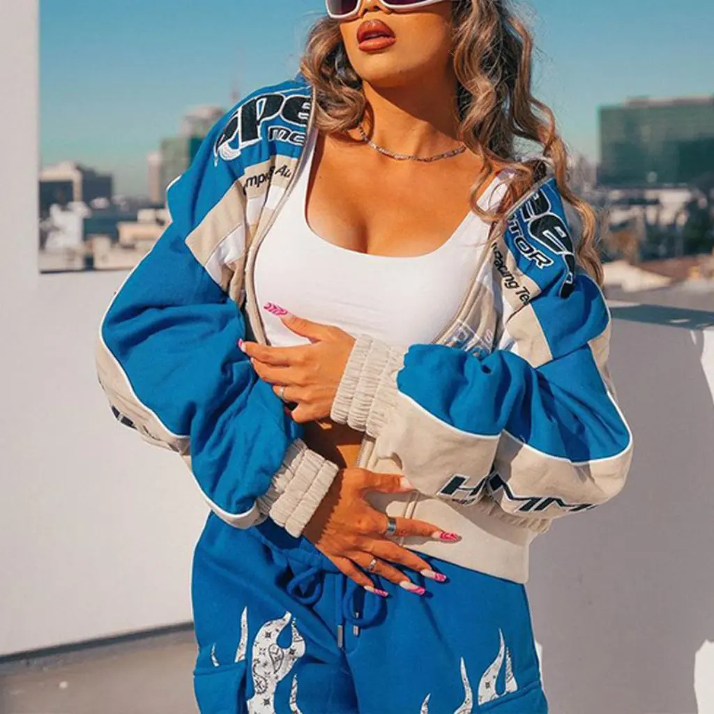 

Autumn Winter New Sports Motorcycle Style Jacket Casual Loose Long-Sleeved Blue Printed Women's Outerwear