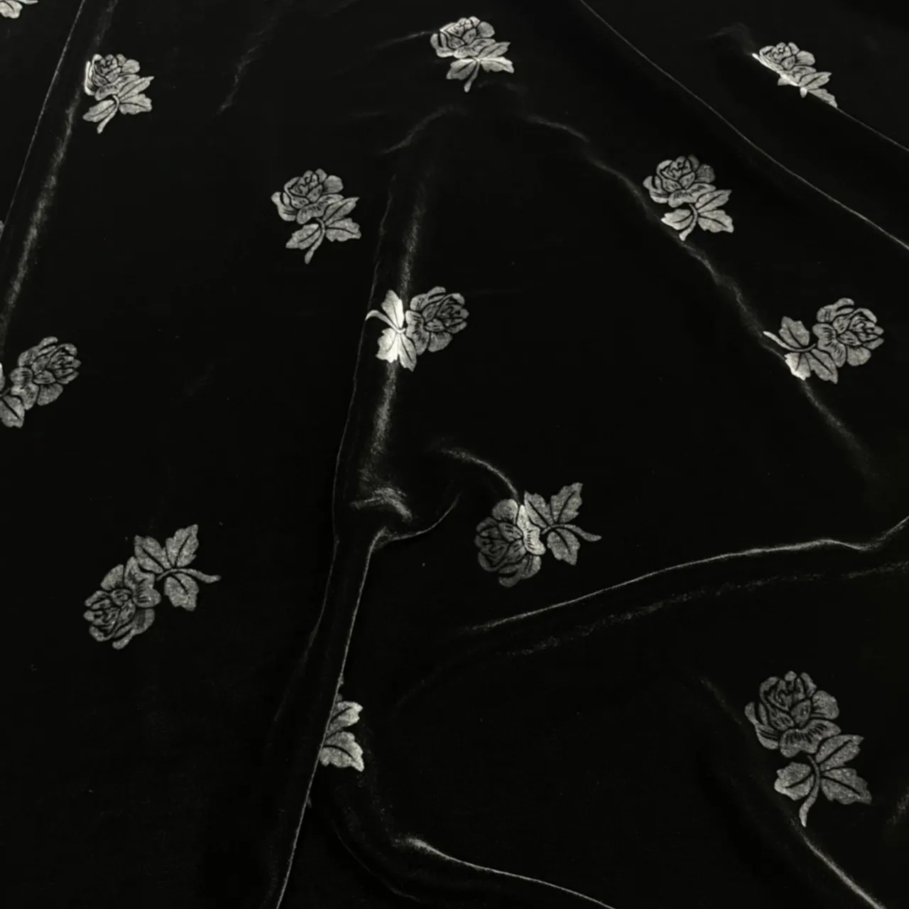 Background Silk Velvet Burnt out Carved Silver Printing Small Rose National Style High-Grade Cheongsam Formal Dress Silk Fabric