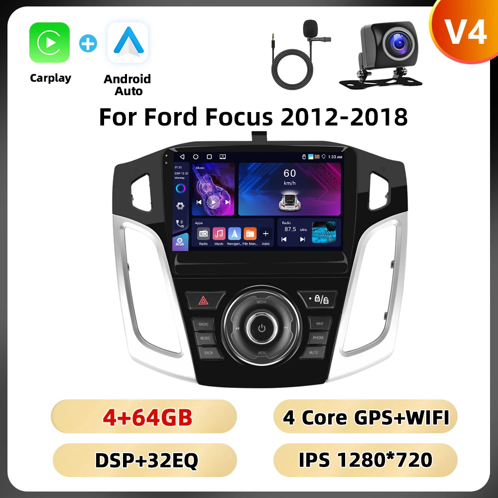 Podofo 2Din 8 + 128G Autoradio Voor Ford Focus 2012-2018 Multimedia Speler AI Voice WIFI 4G Carplay Android Auto USB Spiegel Link - afbeelding 1