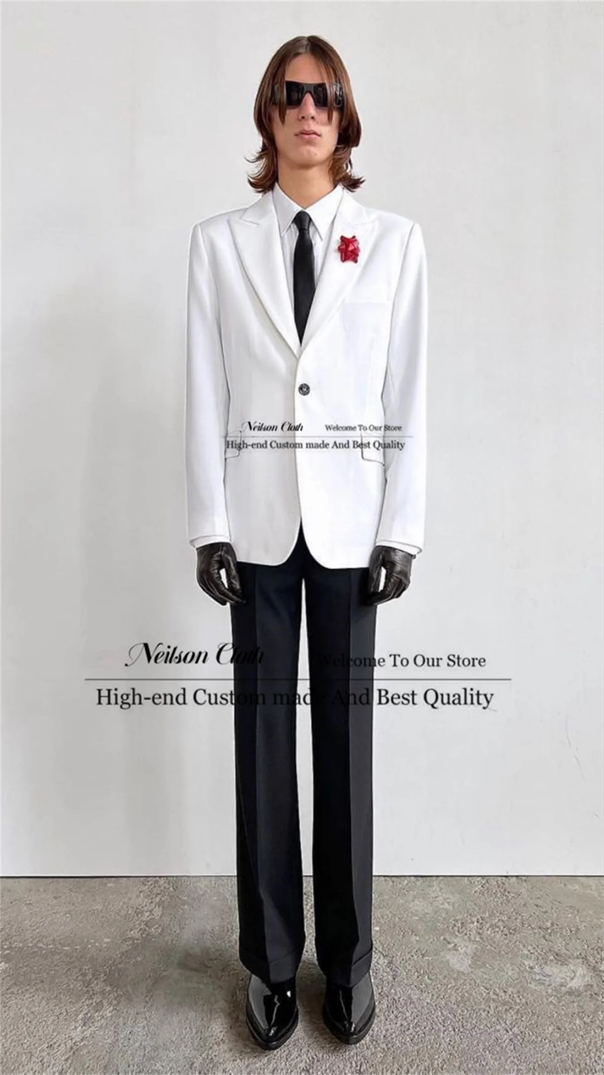 

Business White Male Prom Blazers Customized One Button 2 Pieces Sets Groom Wedding Tuxedos Groomsmen Peaked Lapel Costume Homme
