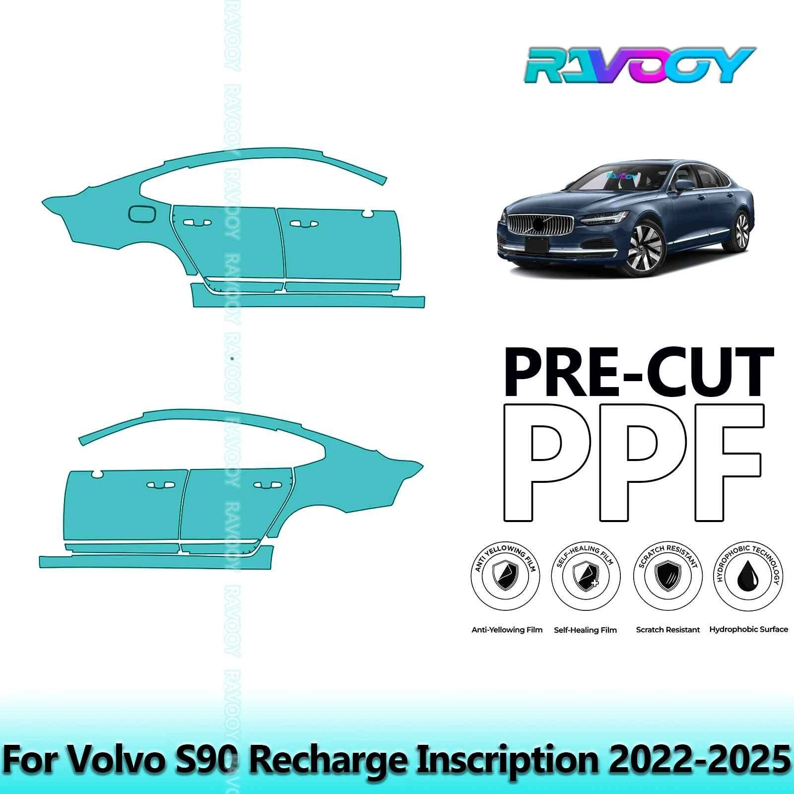

For Volvo S90 Recharge Inscription 2022-2025 8.5mil Clear Matte Pre-Cut PPF Door & A/B Pillar Kit TPU Paint Protection Film Set