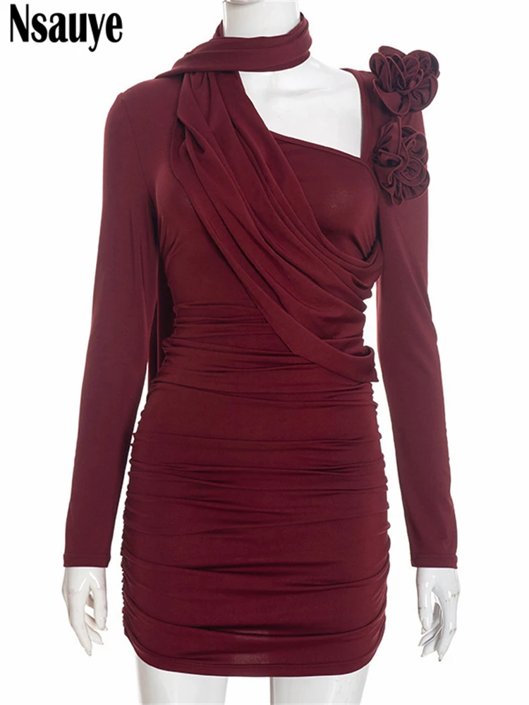 Nsauye New Fashion Elegant Women 3D Flowers Evening Short Party Dress Bodycon Sexy Night Club Long Sleeve Mini Dress 2025 Winter