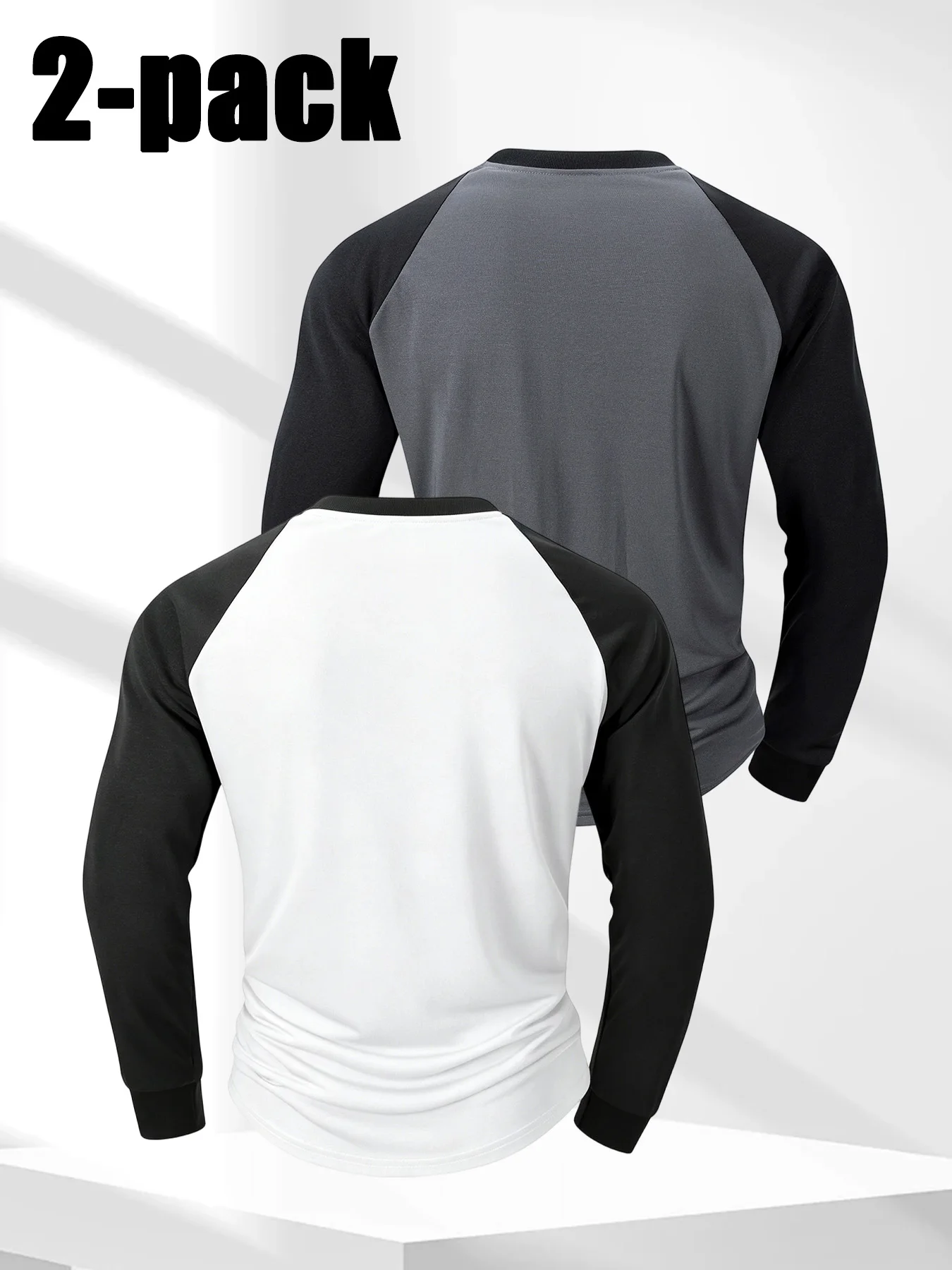 2 Pack Men Raglan Long Sleeve T-Shirt 100% Polyester Color Block Crew Neck Tops Lightweight Quick Dry Breathable Stretch Casual