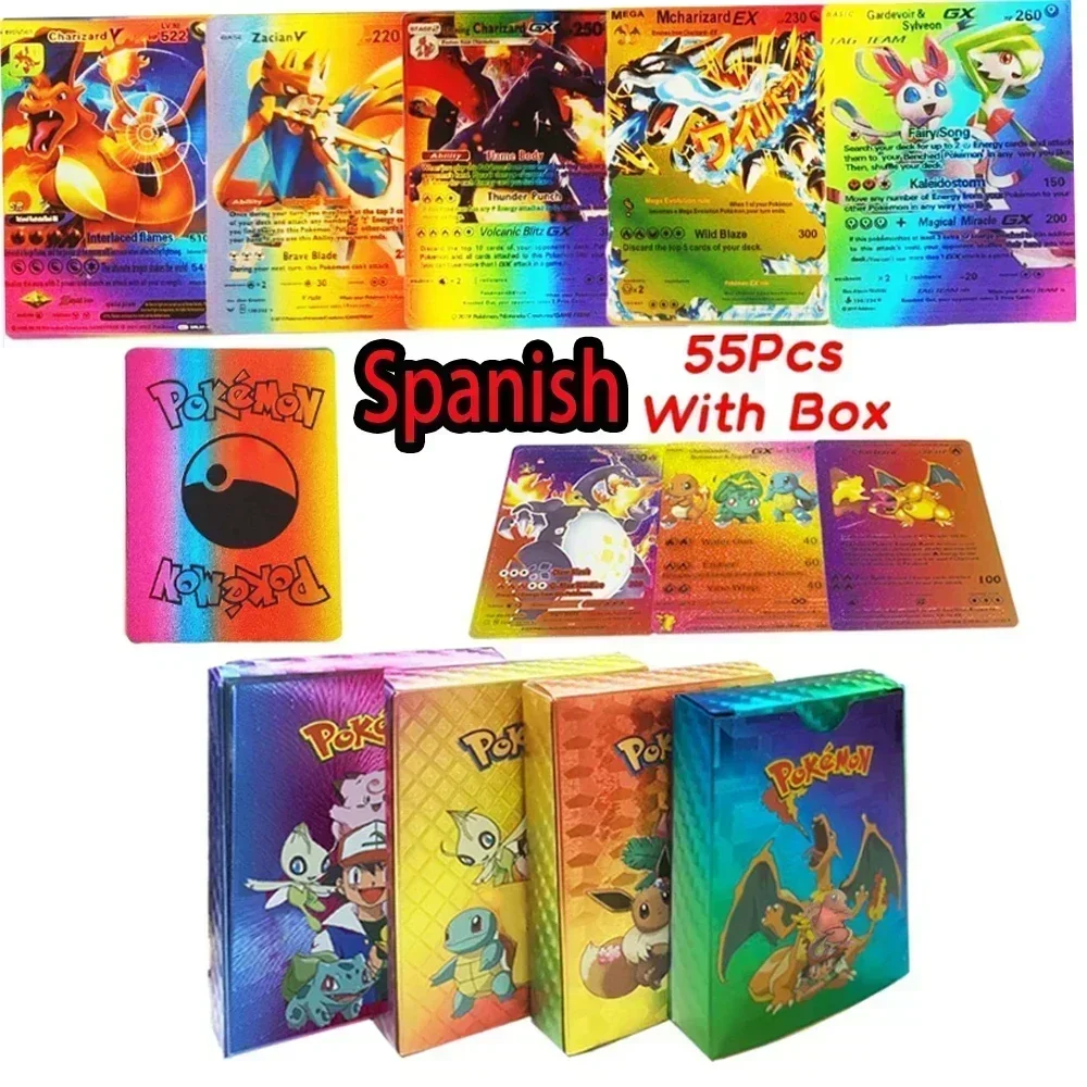 55/165pcs cartas pokemon francaise español Gold Card Spanish English Foil Gold silve Cards Metalicas Charizard Vmax Gx Game Card