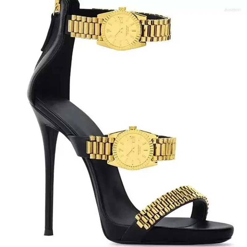 

Sandals Womens Golden Watch Embellished Strap Sexy 12cm Stilettos High Heel Open Toe Ladies Heels Party Shoes