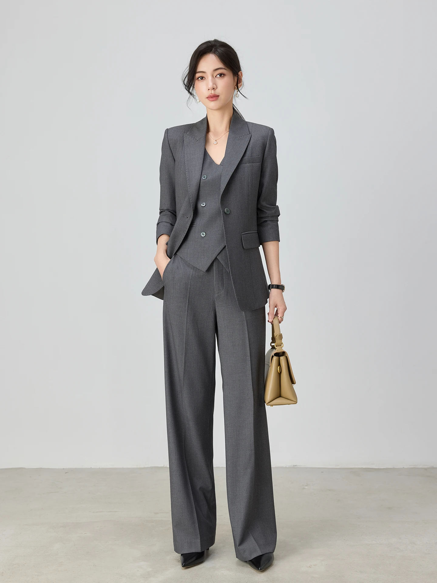 

Ele Deep ey Woolen Women's Suit Set Profional Slimming Tee-Piece Workwear Commute Sle Regular Fit Long Sve