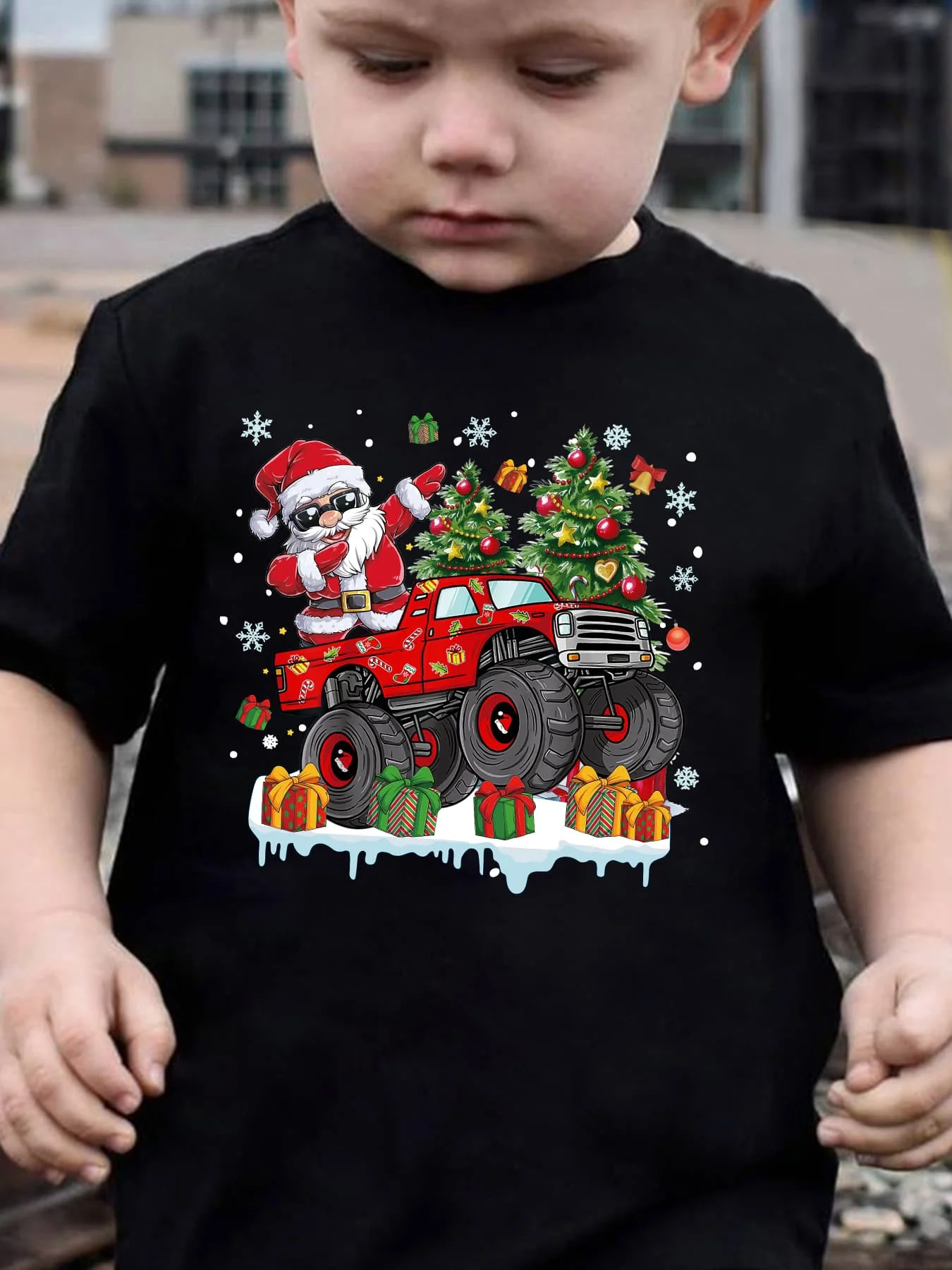 Christmas Summer Children's Fashion Short Sleeves Dancing on A Truck with Santa Claus Cartoon Pattern Printed Parent Child Top