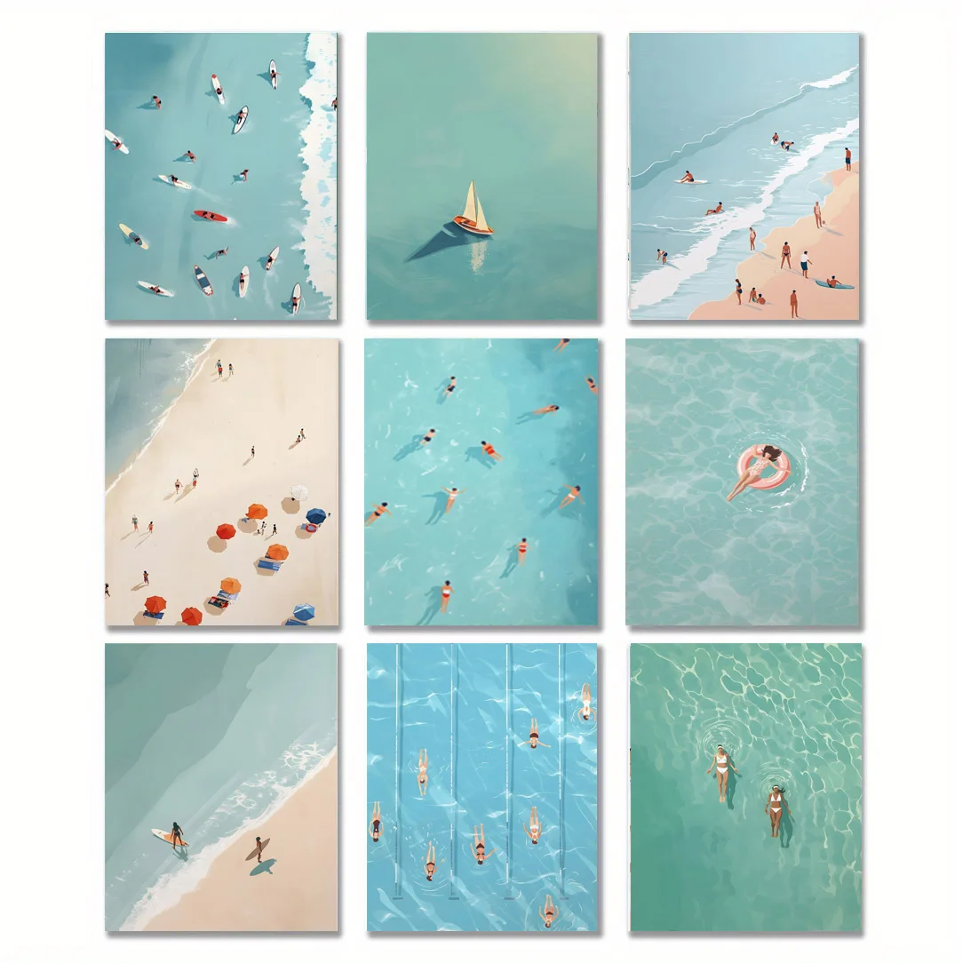Póster Nórdico de Verano con Diseño de Chica en Piscina, Playa, Mar, Barco, Impresiones Artísticas para Pared, Cuadro en Lienzo para Sala de Estar