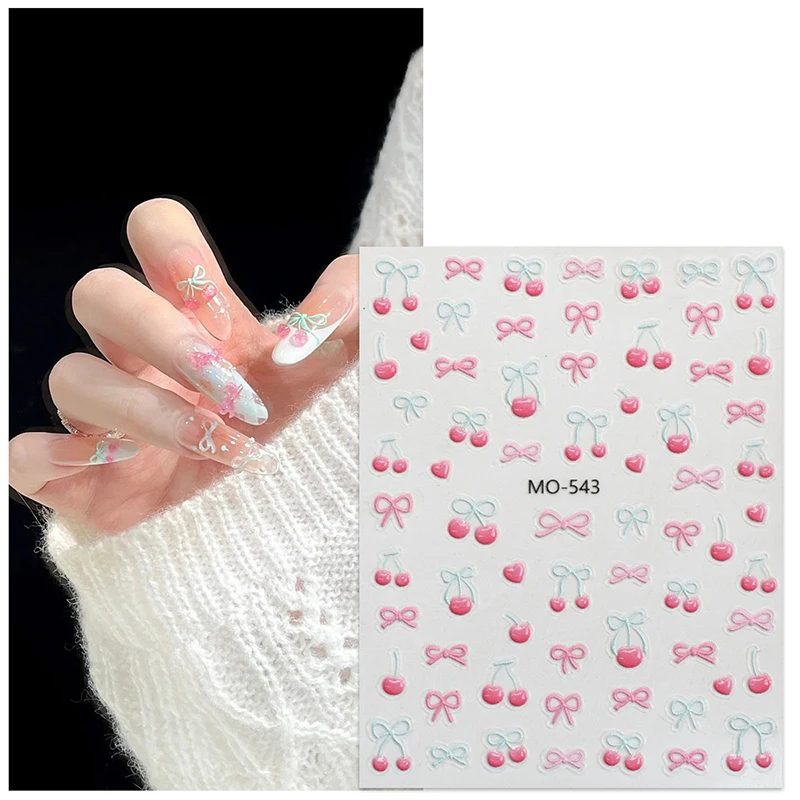 1 vel Kawaii Cherry Bow nagelstickers 5D schattig fruit ontwerp zelfklevende decoratieve stickers nail art stickers