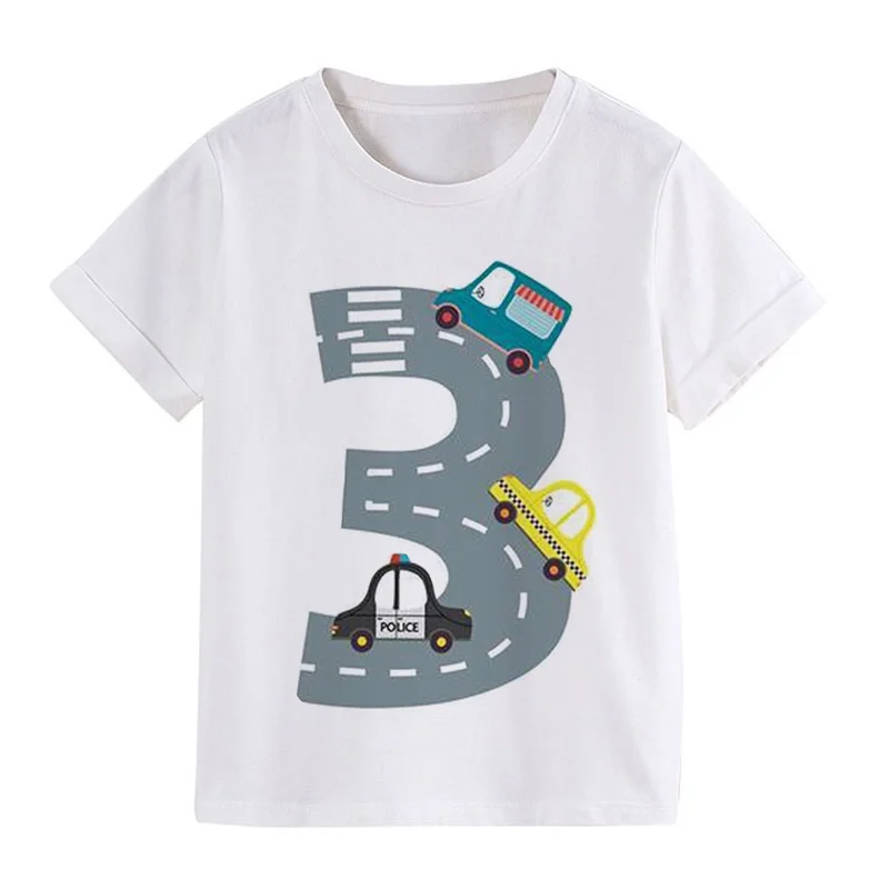 

2023 Baby Kids Cartoon Car Birthday Number 2-9 Print T Shirt Children Birthday Gift T-shirts Boy Funny Tshirt Present White