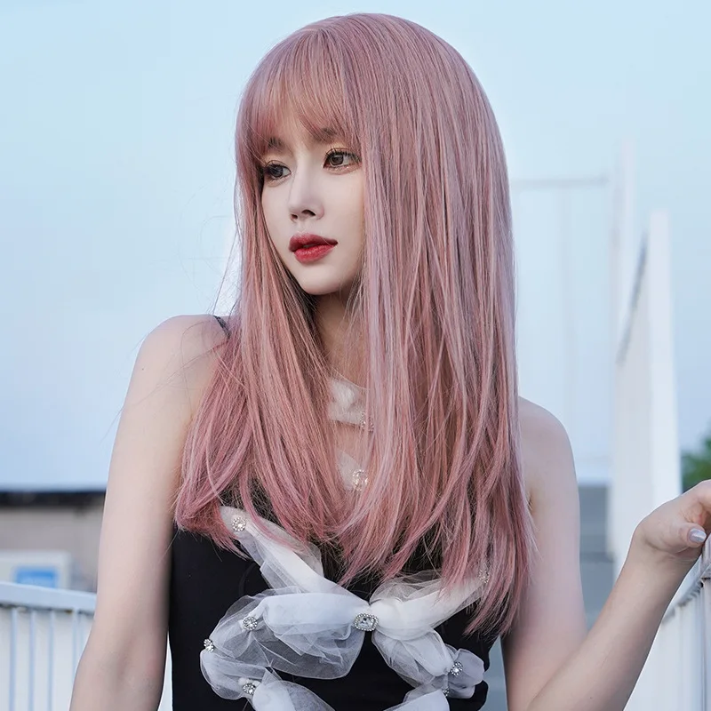 Women's , full head style, internet celebrity long straight hair with air bangs, pink , fashionable wig