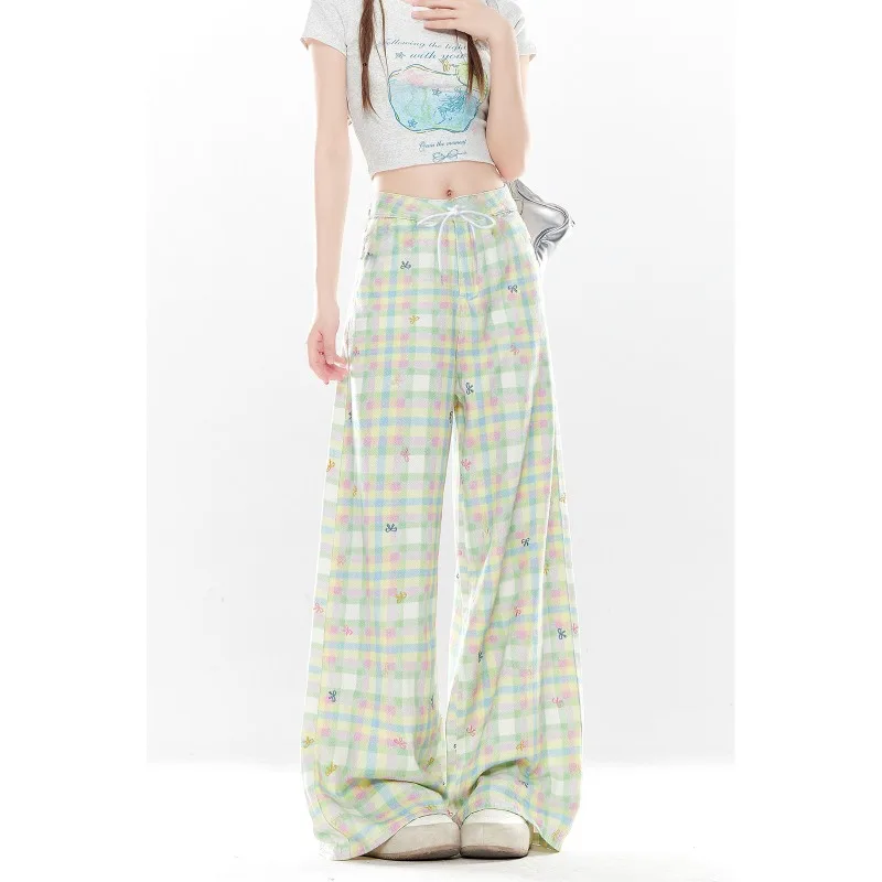 American Retro Green Checkered 3D Printed Pants for Women's Summer Loose Straight Casual Versatile Quick Drying Pants