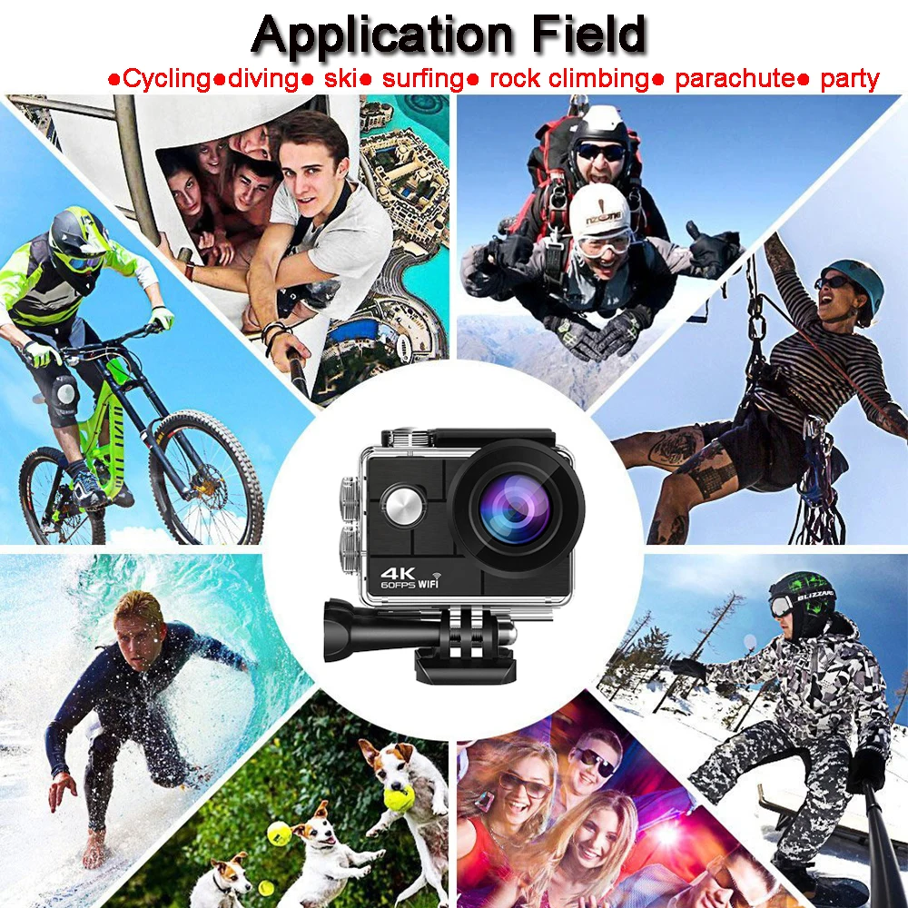 Action Camera HD 4K 60/30fps 1080P 60fps WiFi 2.4G Hz 170D Underwater Waterproof Helmet Video Recording Sport Cam