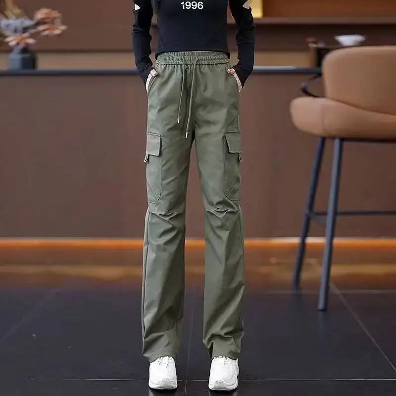 

Women's Casual Cargo Pants With Pockets Solid Color Loose Daily Long Trousers Elastic High Waist Fashion Straight Leg Trouser