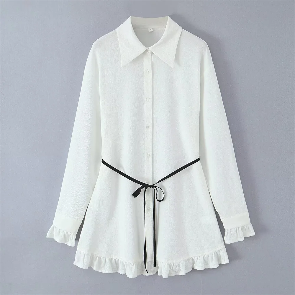 

women's lace patchwork long style with belt loose shirt new casual versatile lapel long sleeved top