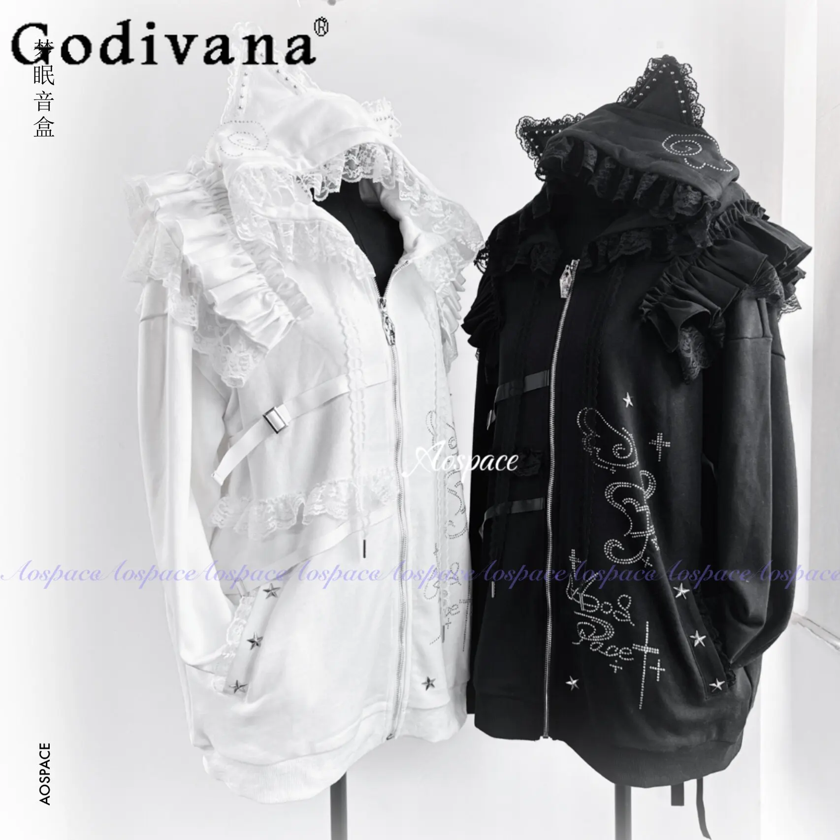 

Original Subculture Cat Ear Rhinestone Lace Hooded Jacket New Spring Dark Sweet Cool Fashion Gothic Oversized Sweatshirt Women