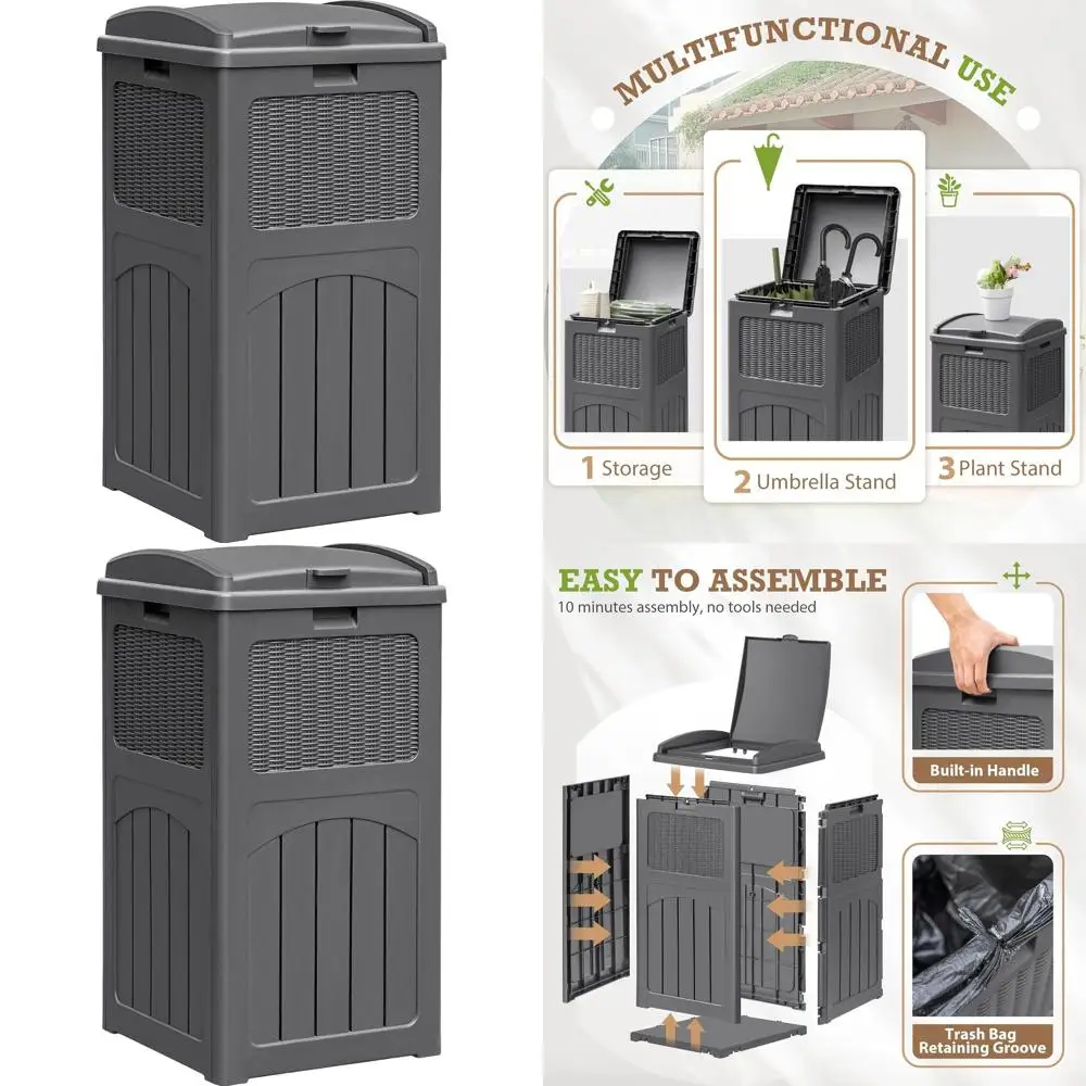 

35 Gallon Weatherproof Outdoor Trash Bin with Lid, Suitable for Garden, Backyard, and Patio (Gray)