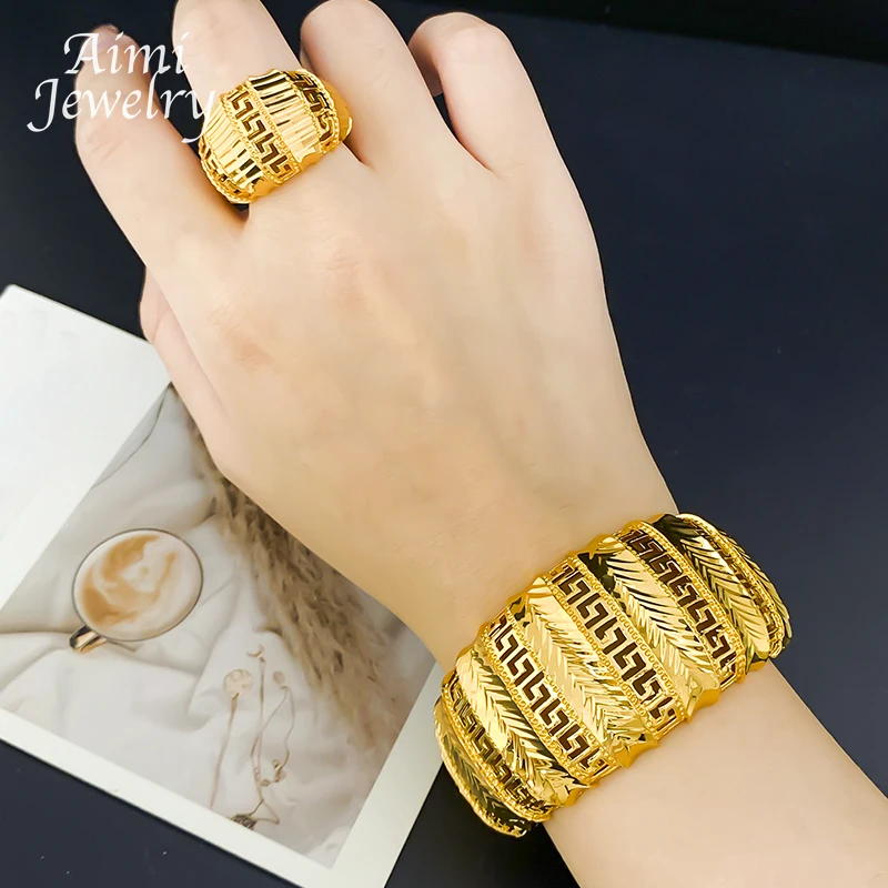 

Hollow Top Quality Gold Plated Jewelry Set for Women Luxury Bracelet Ring Sets African Bridal Wedding Party Accessories Gifts