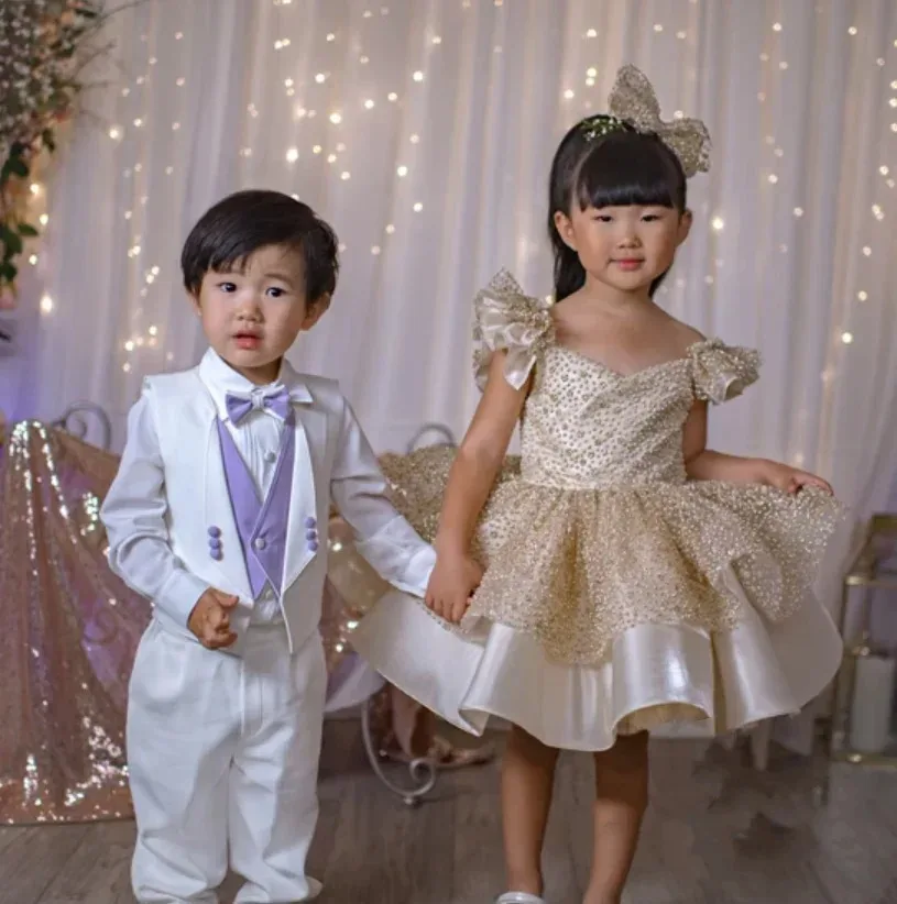 فساتين فتاة الزهور الشمبانيا لحفلات الزفاف اللامعة الجميلة للأطفال الصغار فساتين حفلات الفتيات مفاجأة هدية عيد ميلاد مخصصة