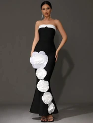 2024 Women Celebrity Sexy Strapless Backless Flower Black Maxi Long Bandage Dress Knitted Elegant Evening Club Party Outfit