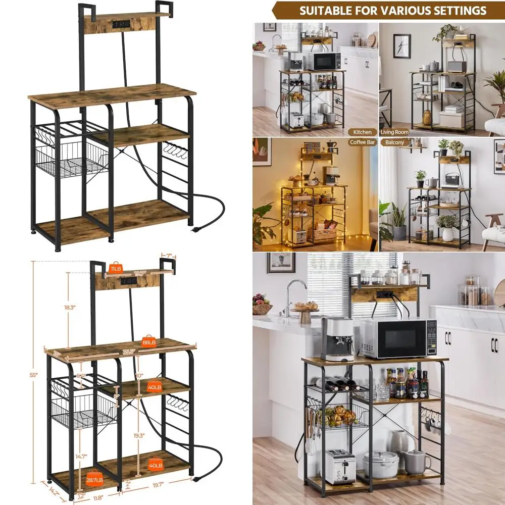 

Кухонная полка для пекарей с розеткой, кофейня, подставка для микроволновой печи, проволочная корзина, полка для вина, 10 S-образных крючков, решение для хранения на кухне