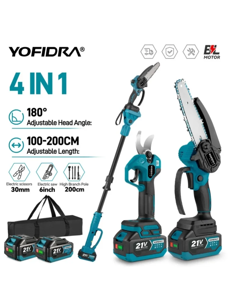 YOFIDRA 4-in-1 Bürstenlose Teleskopstange Elektrische Kettensäge Schere Kabelloses Garten-Baum-Schneidwerkzeug für Makita 21V Akku