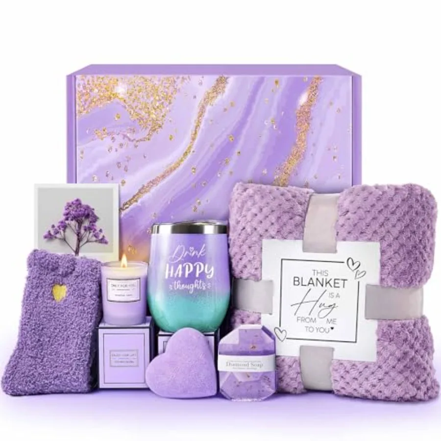 

Birthday Gifts for Women Self Care Get Well Soon Gifts Lavender Relaxing Spa Gift Basket Care Package w Blanket Valentines Moth
