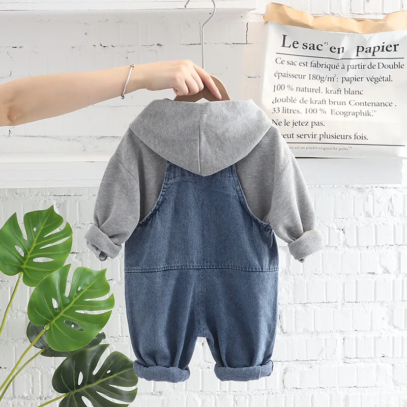 OLEKID 2024 Spring Autumn Korean Style Children Boys 2PCS Clothes Set Printed Letter Hoodie Denim Overalls Infant Baby Boys Suit