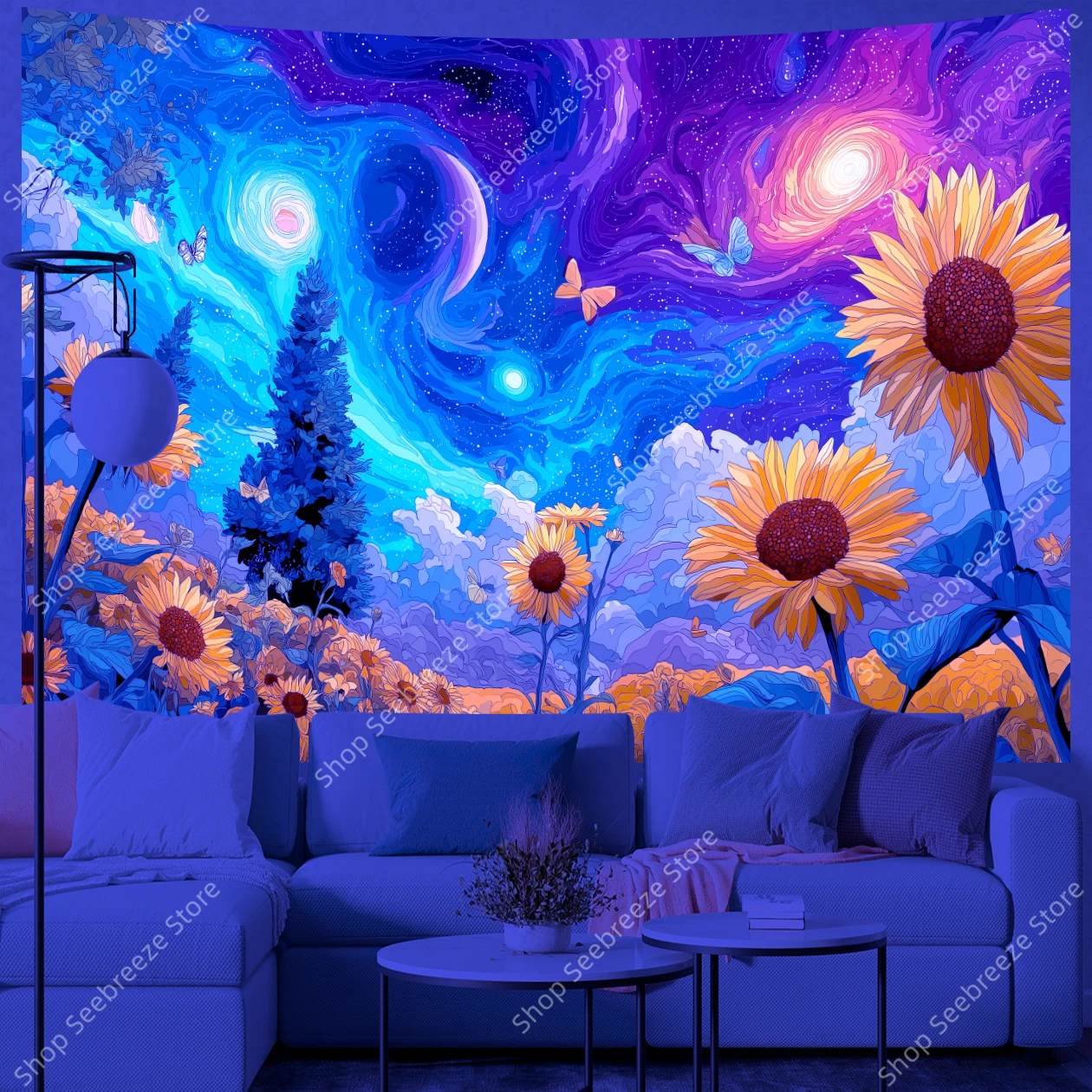 حقل عباد الشمس النابض بالحياة تحت السحرية المرصعة بالنجوم ليلة السماء الأشعة فوق البنفسجية نسيج الخيال الطبيعة الجدار الشنق لديكور غرفة المعيشة البوهيمية #5
