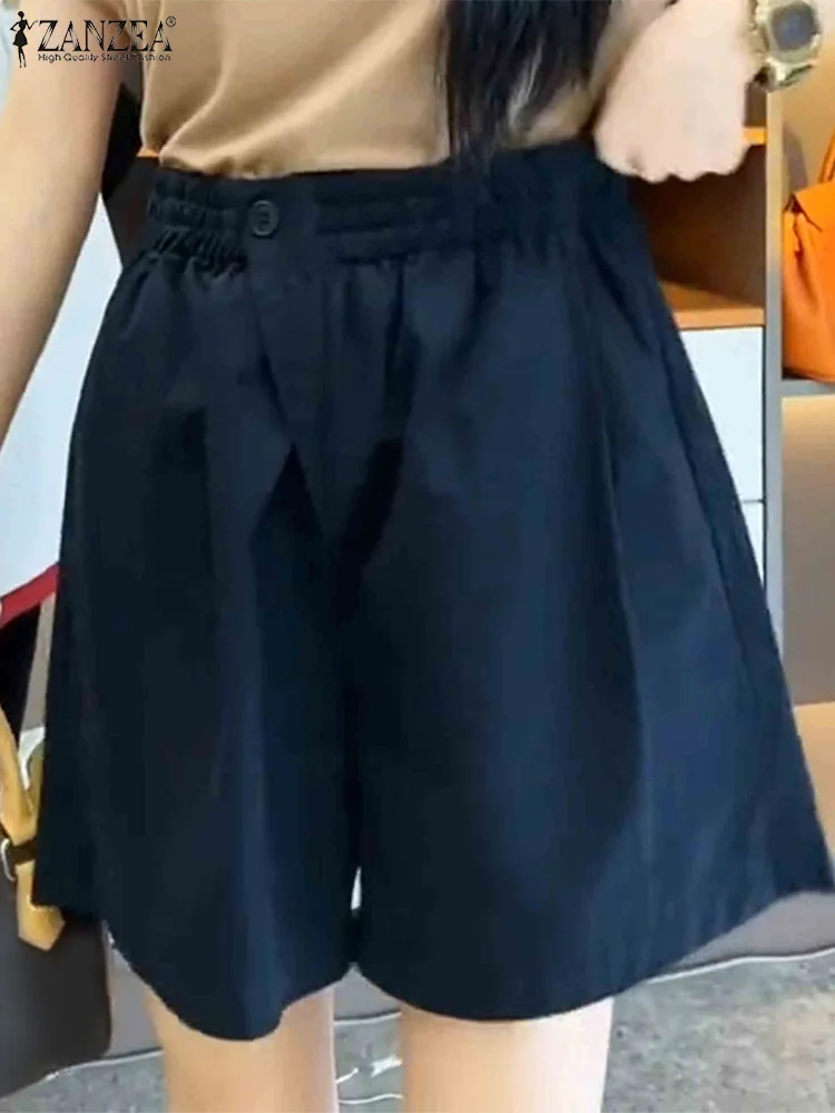 ZANZEA 2025 الصيف موضة السراويل النساء مرونة الخصر جيوب غير رسمية بنطال ذو قصة أرجل واسعة فضفاضة بلون خمر بنطلون بنطلونات #3