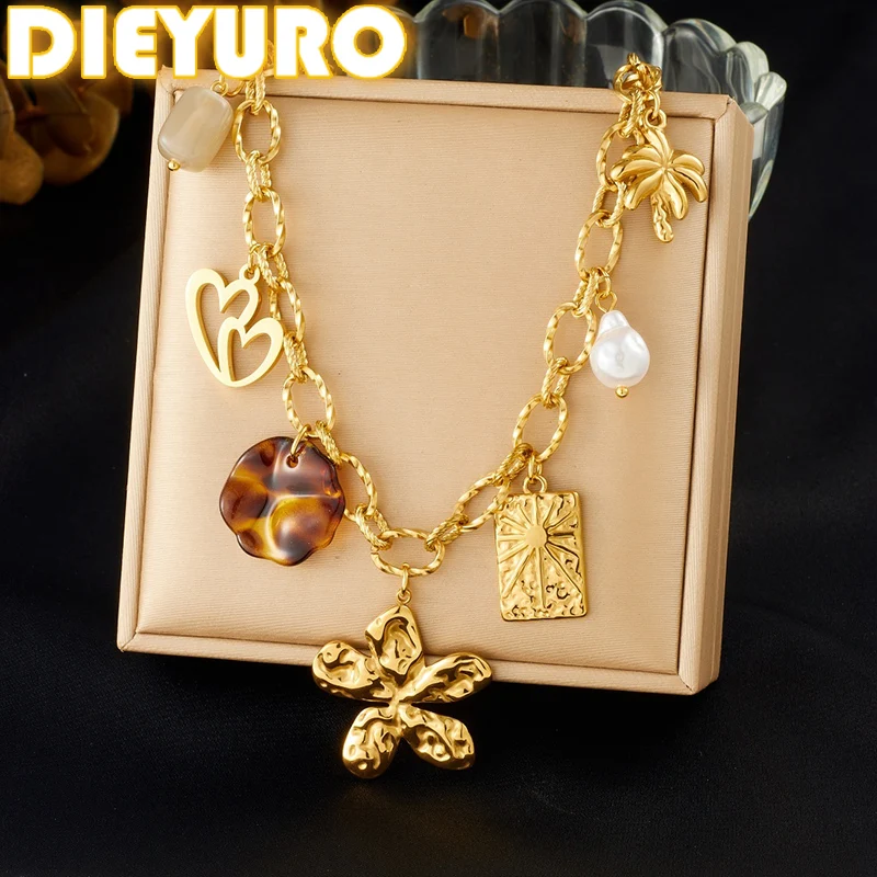 DIEYURO 316L Stainless Steel Golden Pattern Gorgeous Flower Heart Square Brand Sun Pendant Necklace Women New Classic Jewelry