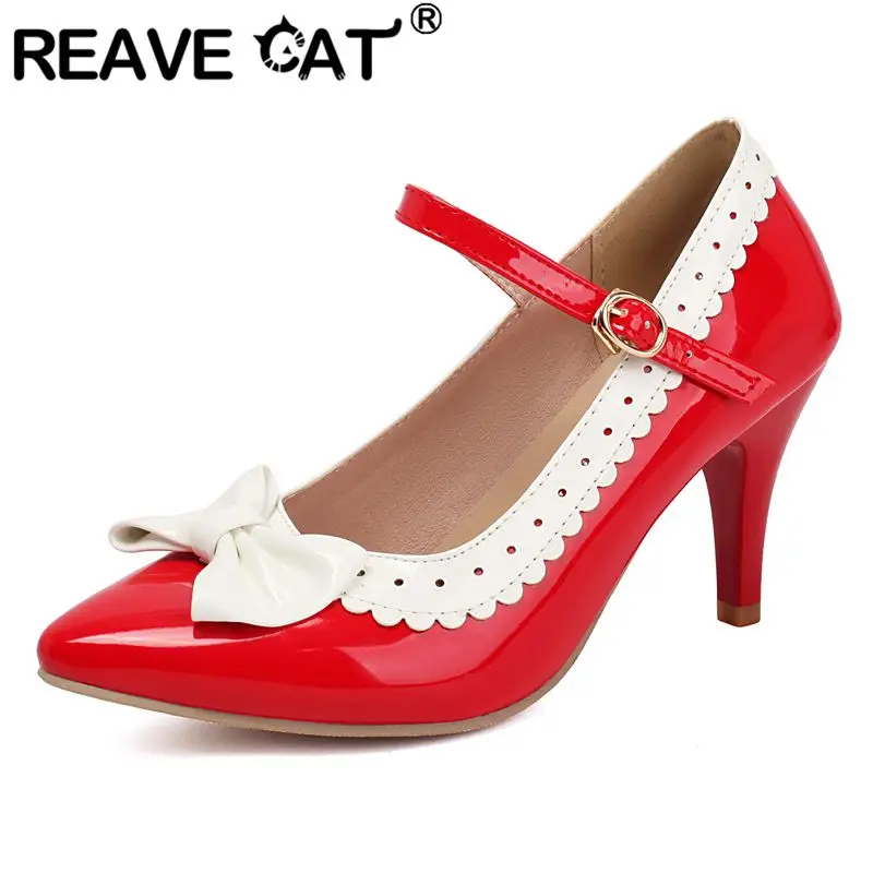 

REAVE CAT Mixed Color Women Pumps Pointed Toe 8cm Thin High Heels Buckle Strap Butterfly Knot Plus Size 47 48 Sexy Wedding Shoes