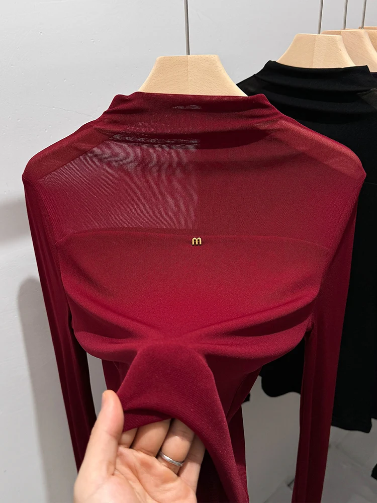 

Rouge Wine Colorature Half High Collar Long Sleeve Mesh Base Shirt Women's 2025 New Autumn Slim Thin Ageless Top