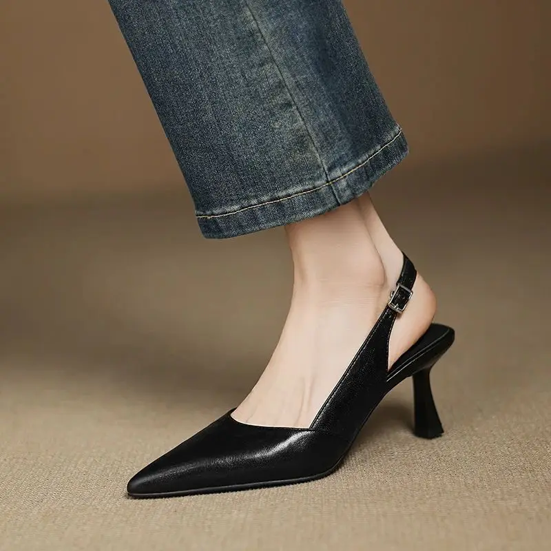 EAGSITY cow Leather stiletto heel slingback pointed toe pumps party wedding mary jane women shoes office lady