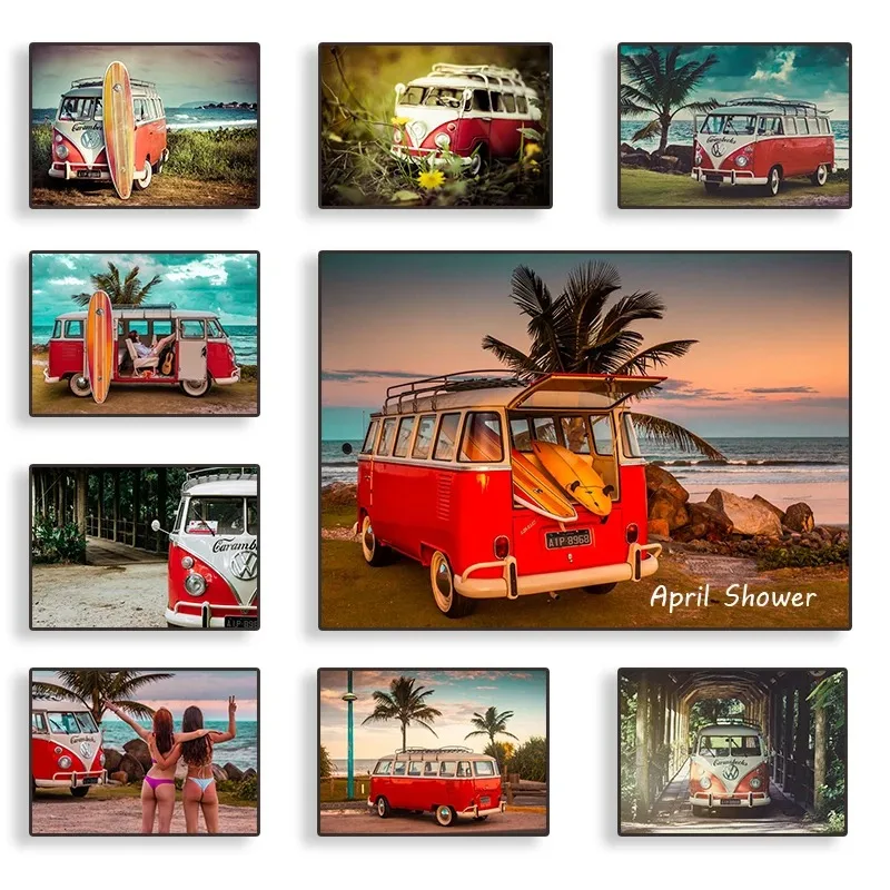 Nordic Camper and Surf Van Bus Posters Summer Travel Vacation Canvas Painting Prints Wall Art Picture for Living Room Home Decor