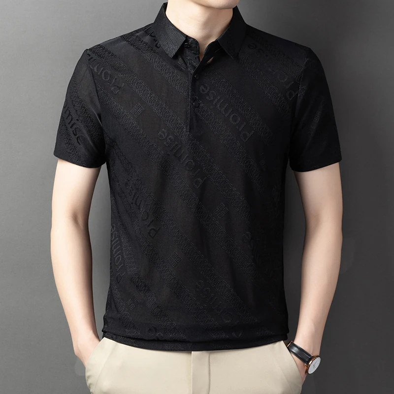 

Summer thin ice silk short sleeved T-shirt for men middle-aged lapel T-shirt for men printed polo shirt for men