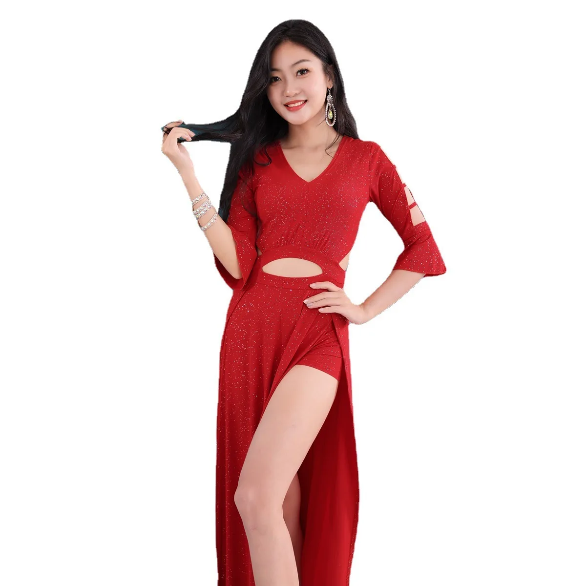 Dançarina vestido de dança do ventre feminino novo terno outono e inverno sexy buraco escavação vestido desempenho vestido prática 5585