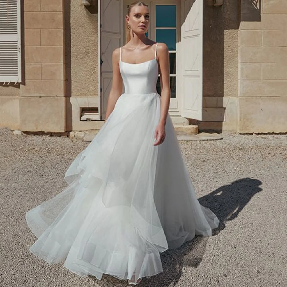 

Customized Wedding Dresses Boho Simple A Line Backless Bridal Gowns New Tulle Spaghetti Straps Bride Robe vestido de novia